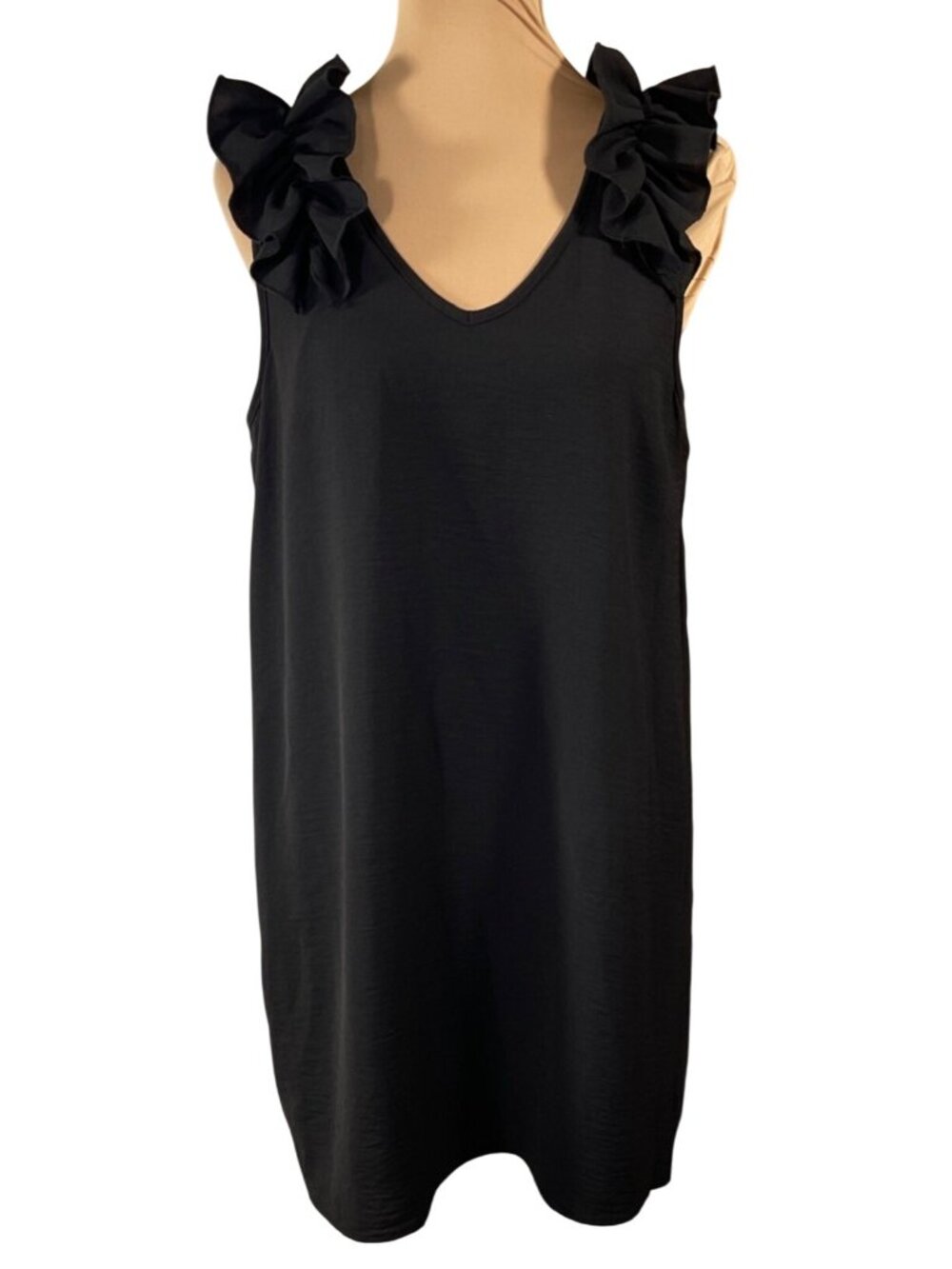 Entro Ruffle Strap Dress Black Shift Size L large V-Neck Stretch Mini